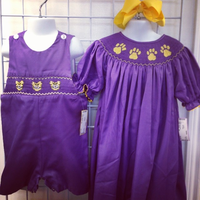 Adorable LSU Boutique!
Boys size 3-$20.50, girls size 6-$26.50
#batonrouge #lsu #purpleandgold #smocked