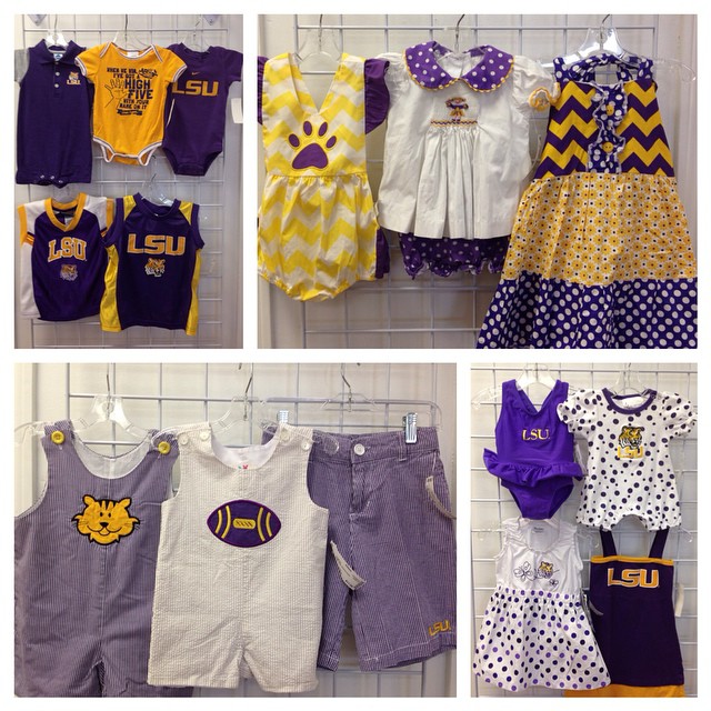 Check out these LSU cuties!#refinerykids #225 #lsu #purpleandgold #batonrouge #consignment