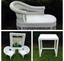 Just In: kids wicker chaise, side table, mirror, & matching doll chairs! So cute for a playroom, sunroom, or porch!