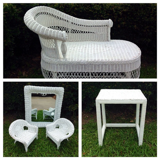 Just In: kids wicker chaise, side table, mirror, & matching doll chairs! So cute for a playroom, sunroom, or porch!#225 #batonrouge #refinerykids #shabbychic